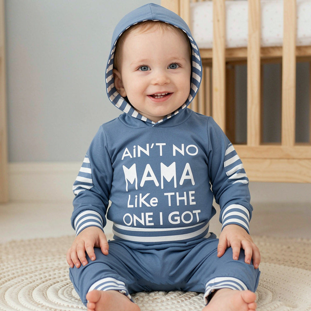 2PCS Ain't No Mama Letter Stripe Printed Long Sleeve Baby Hooded Set