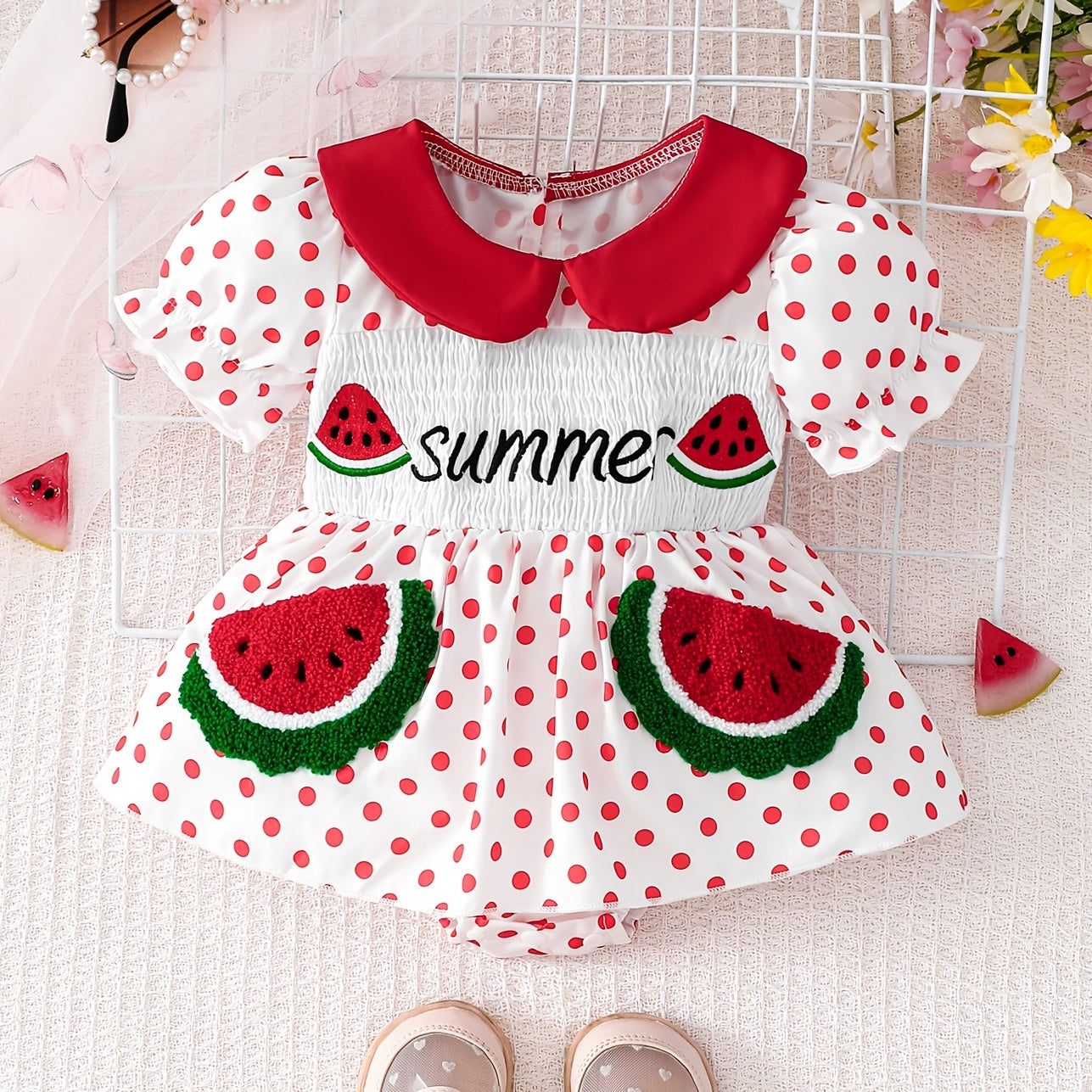 Watermelon Appliqué & Polka Dots Printed Short Sleeve Baby Romper