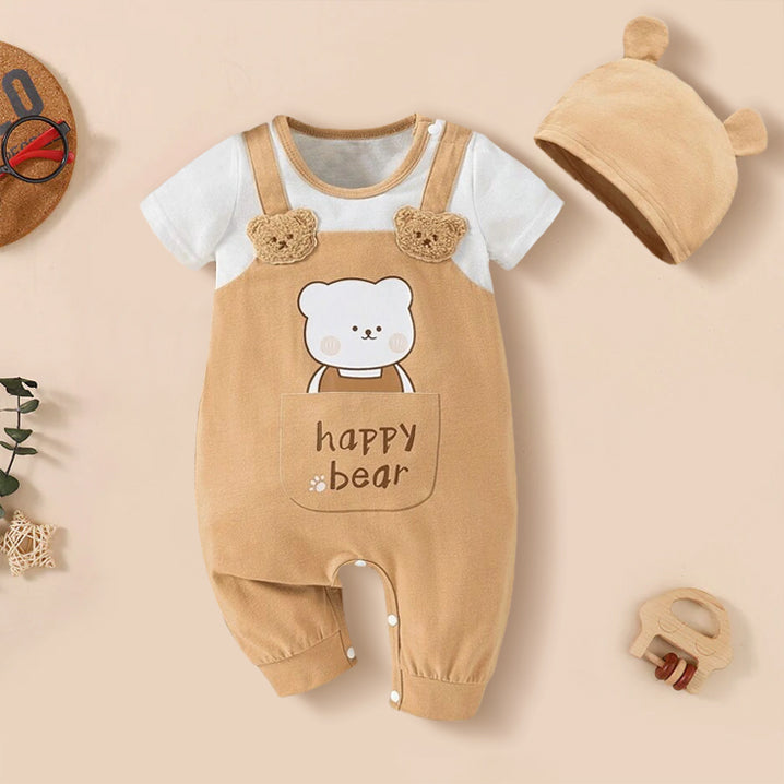 2PCS Casual Happy Bear Printed Short Sleeve Baby Jumpsuit