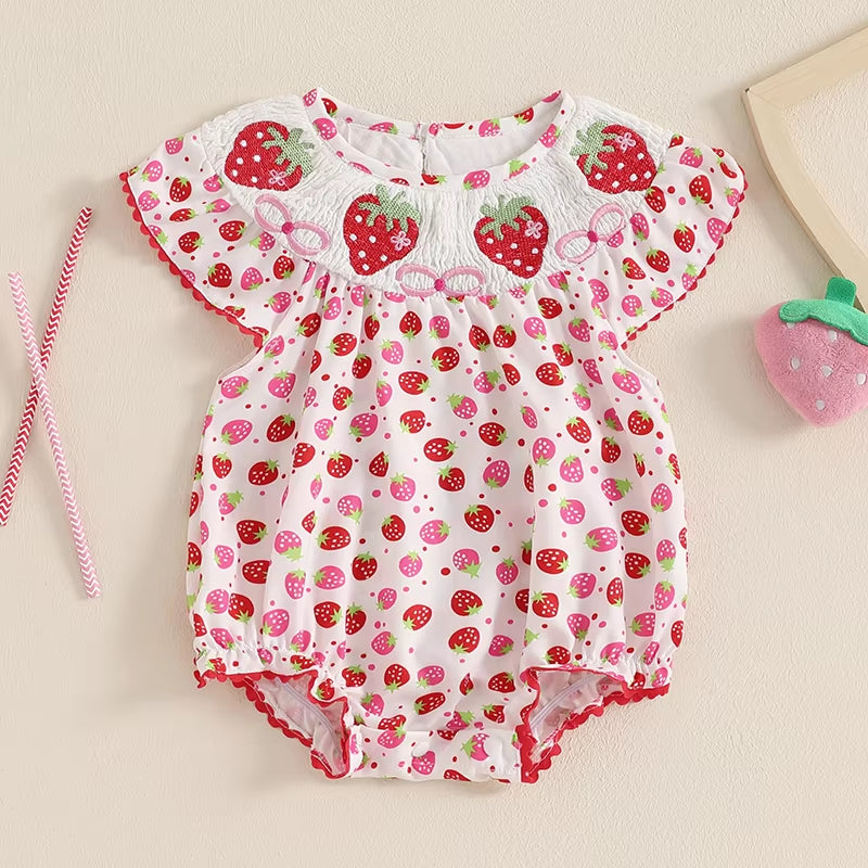 Cute Strawberry Print Embroidery Baby Romper