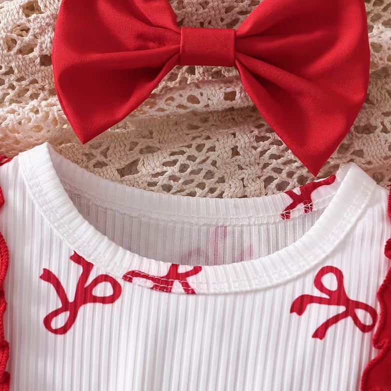 3PCS Pretty Bow Print Ruffle Long Sleeve Baby Girl Romper