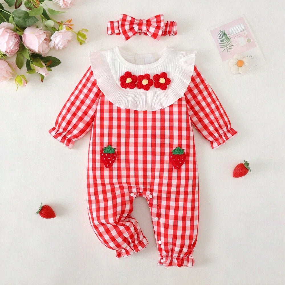 2PCS Vibrant Floral Strawberry Applique Plaid Print Long Sleeve Baby Jumpsuit