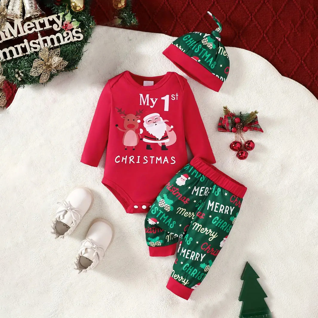 3PCS My 1st Christmas Letter Santa Claus and Elk Plaid Printed Baby Set