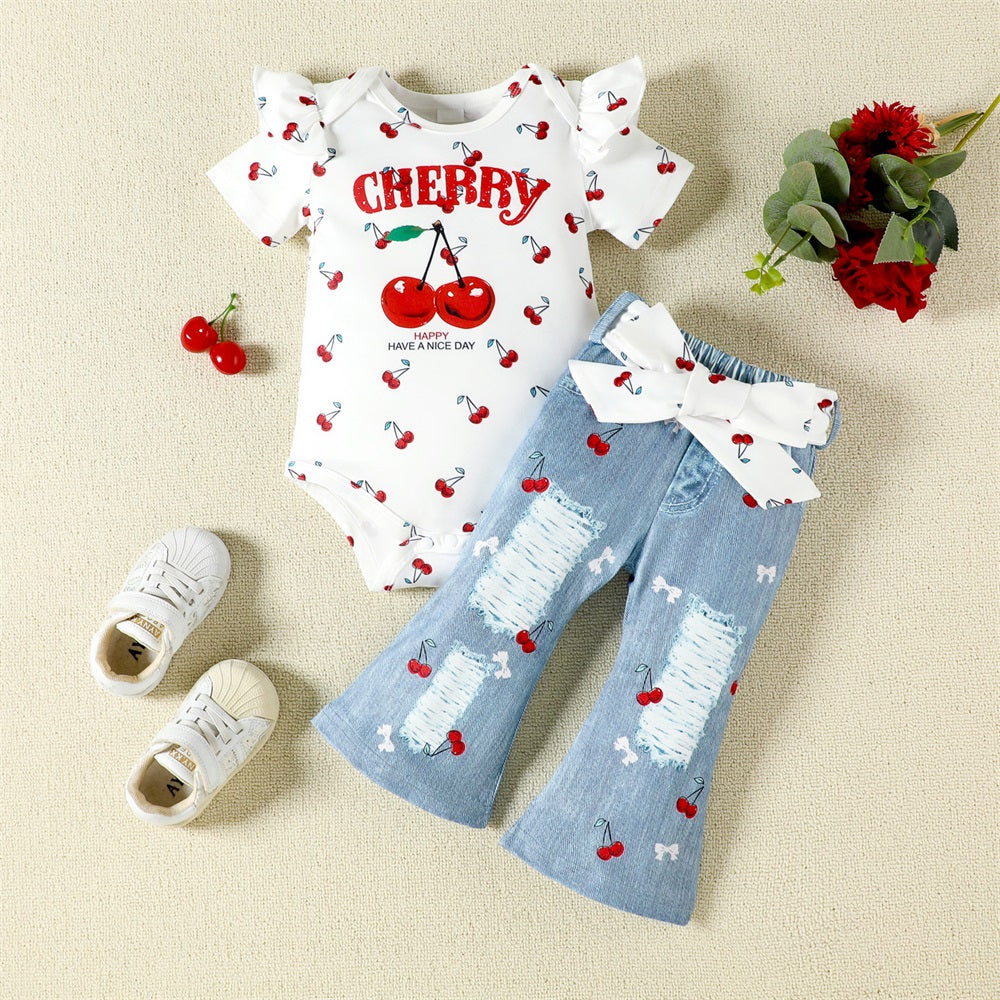 2PCS Summer Cute Cherry Printed Short Sleeve Baby Denim Set
