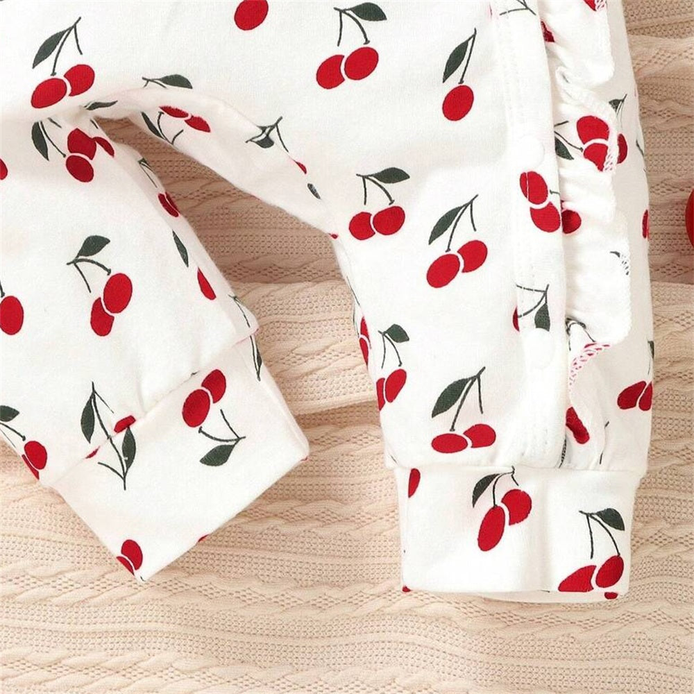 2PCS Delightful Cherry Printed Long Sleeve Baby Jumpsuit