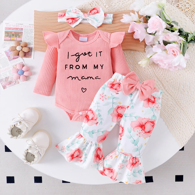 3PCS I Got It From My Mama Letter Floral Printed Long Sleeve Baby Set