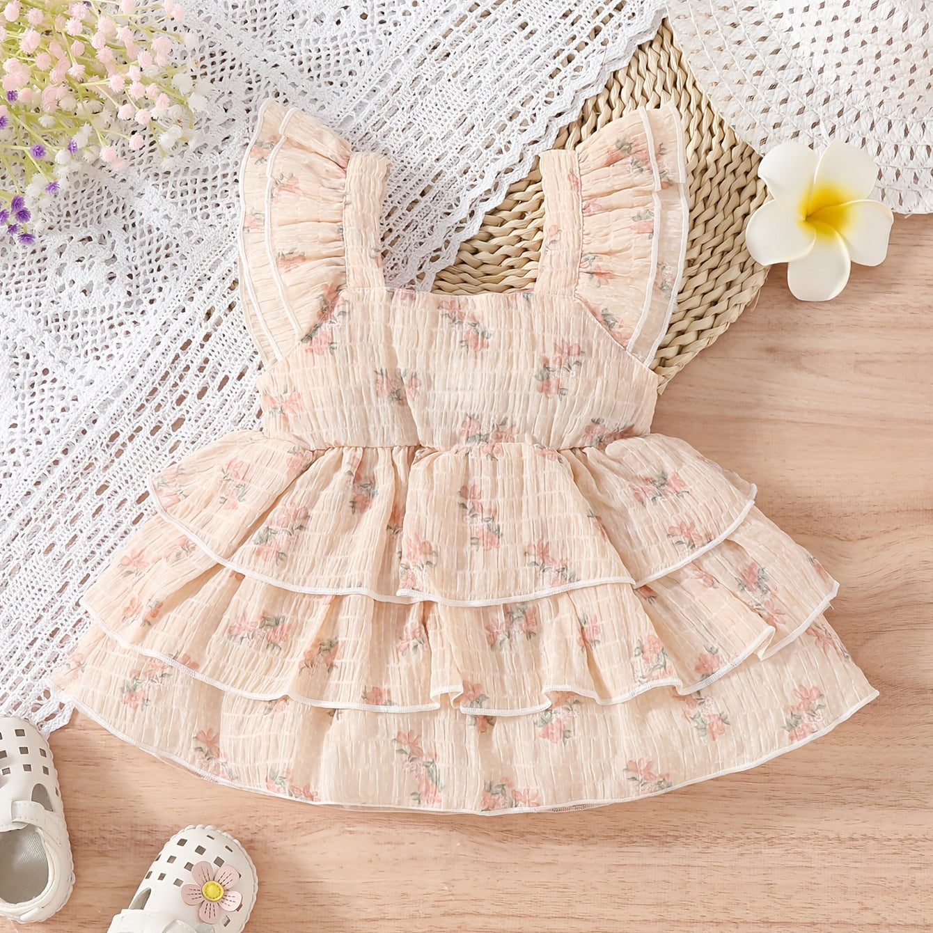 Sweet Floral Printed Bowknot Decor Baby Sleeveless Dress