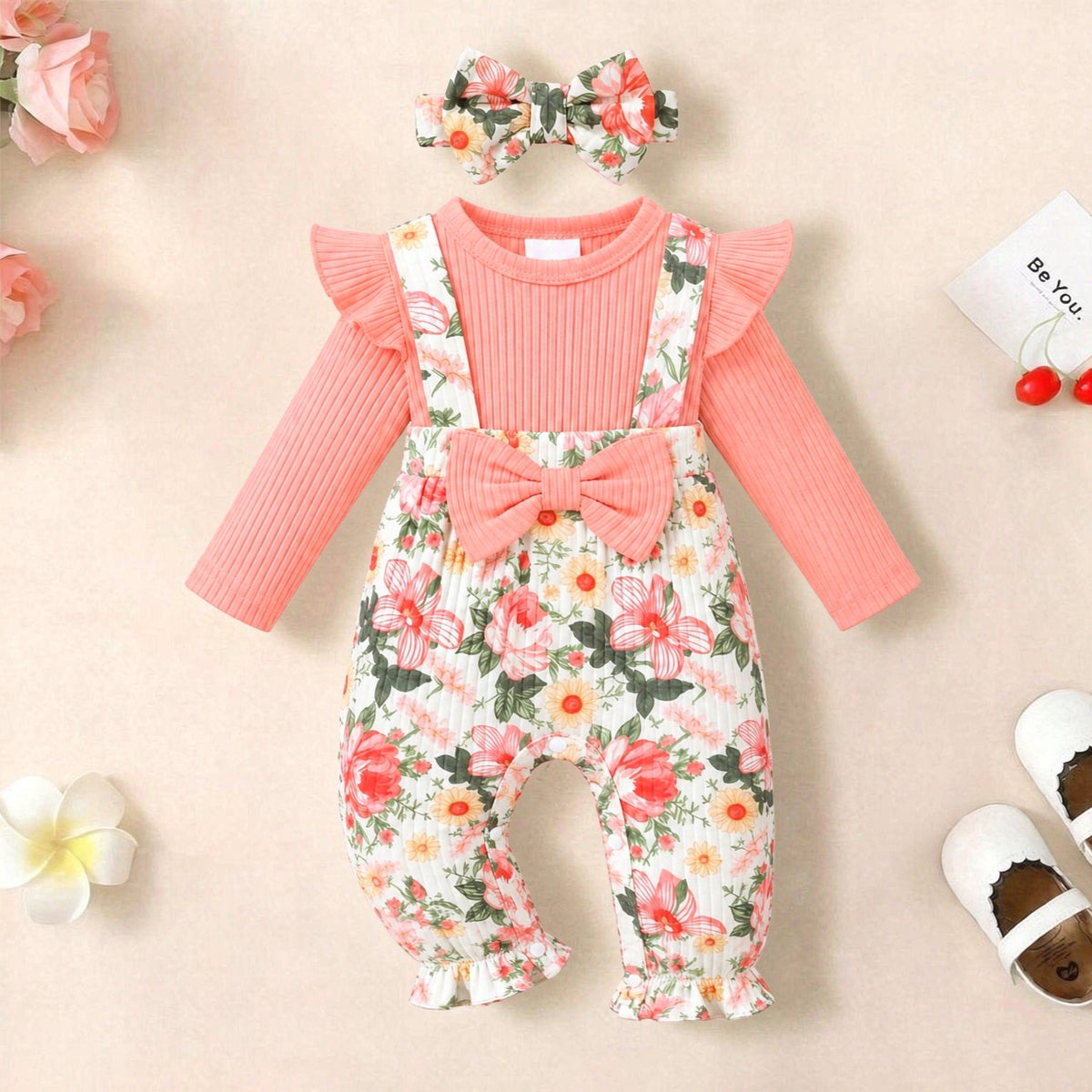 2PCS Delightful Baby Girl Floral Print Faux Two Piece Jumpsuit