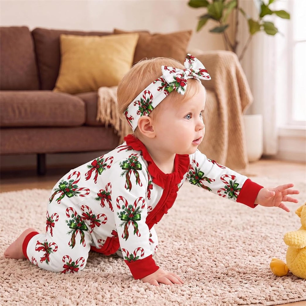 2PCS Cute Candy Cane Print Long Sleeve Baby Jumpsuit