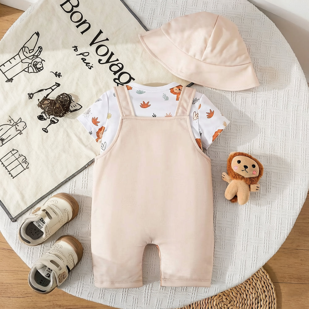 3PCS Lion Sunflower Printed Short Sleeve Baby Overalls Set