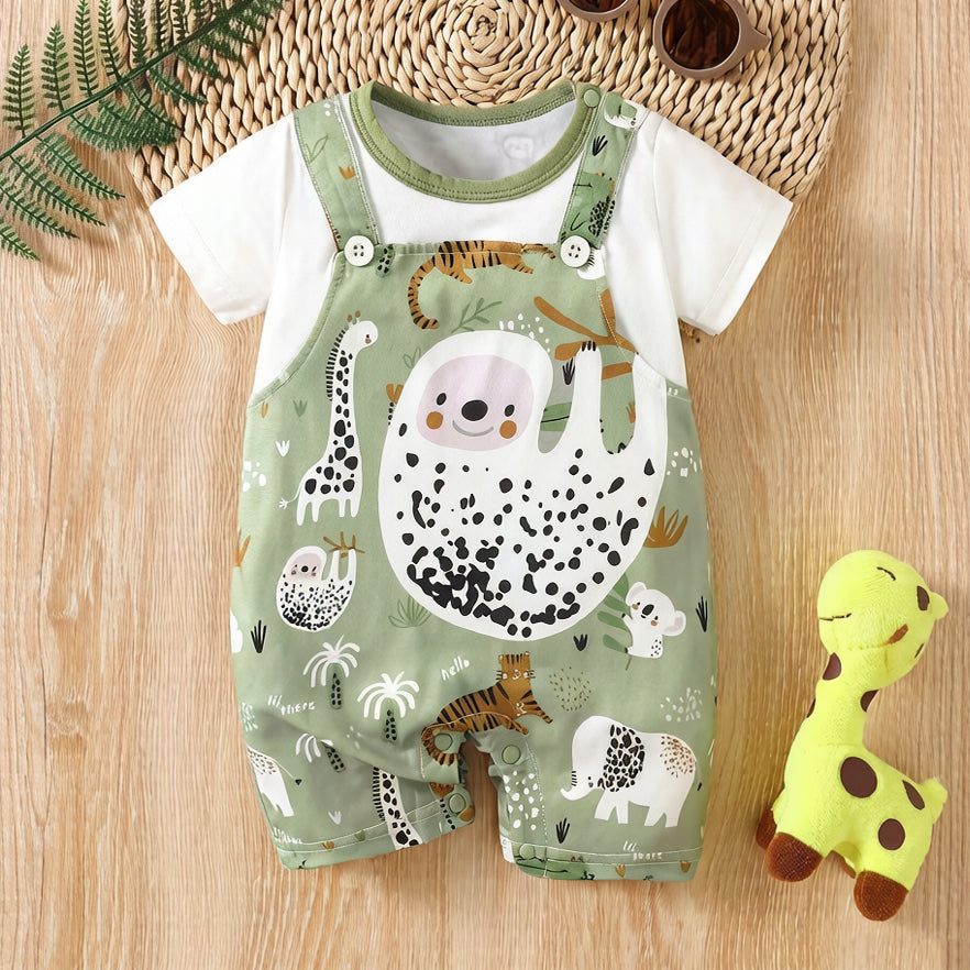 Cozy Fake Two-Piece Animal Print Short Sleeve Baby Jumpsuit