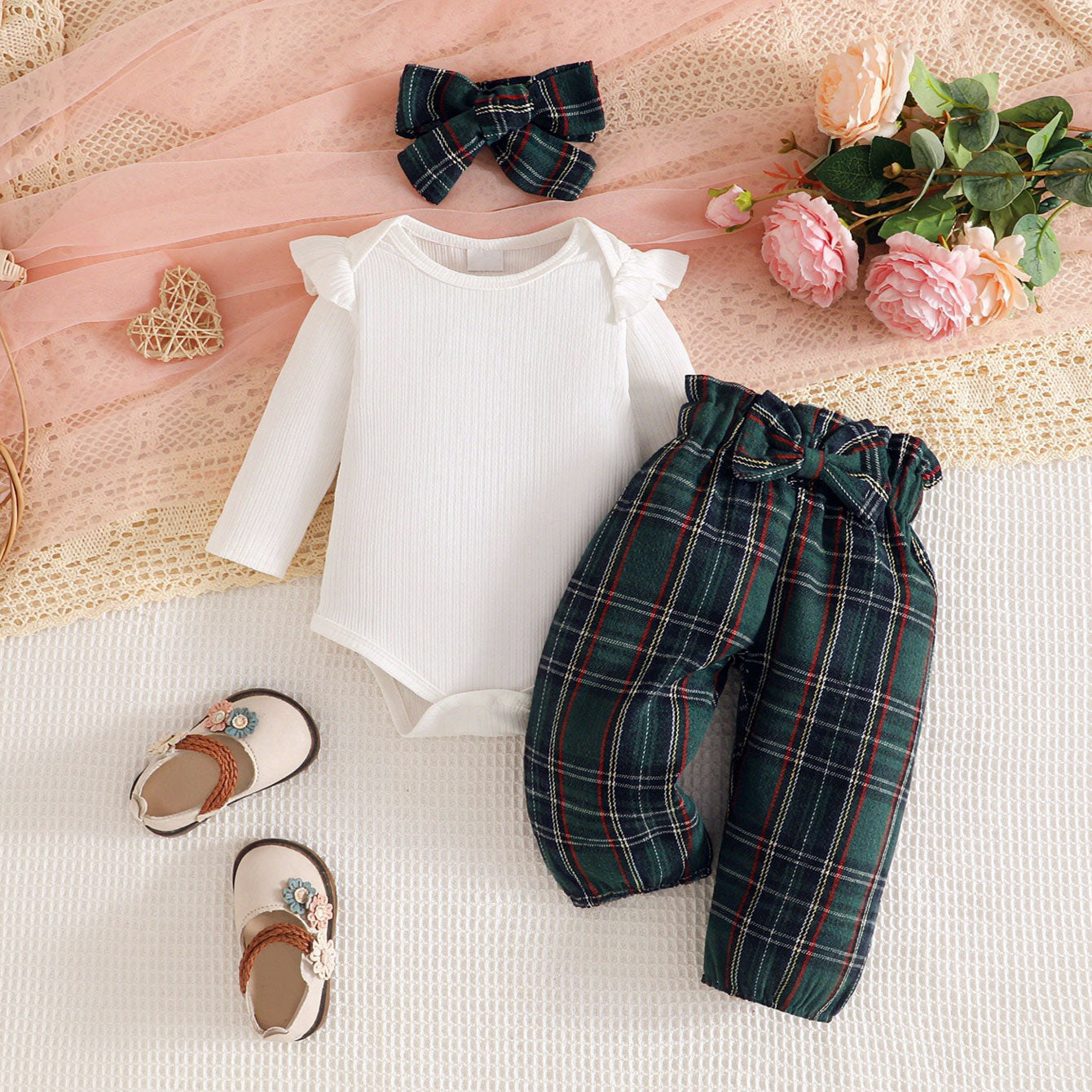 3PCS Pretty Plaid Printed Long Sleeve Baby Girl Set