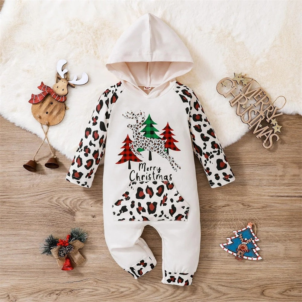 Merry Christmas Letter Print Leopard Baby Hooded Jumpsuit