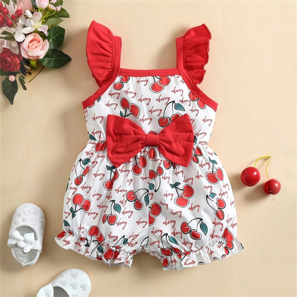 Cute Cherry Printed Bow Fly Sleeve Baby Jumpsuit