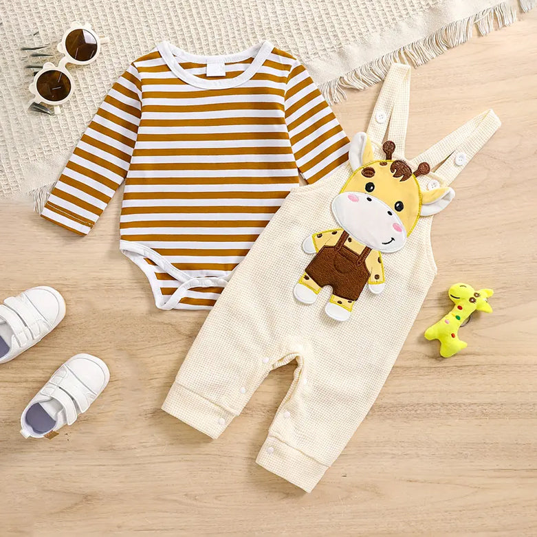 2PCS Stripe Giraffe Printed Long Sleeve Baby Overalls Set