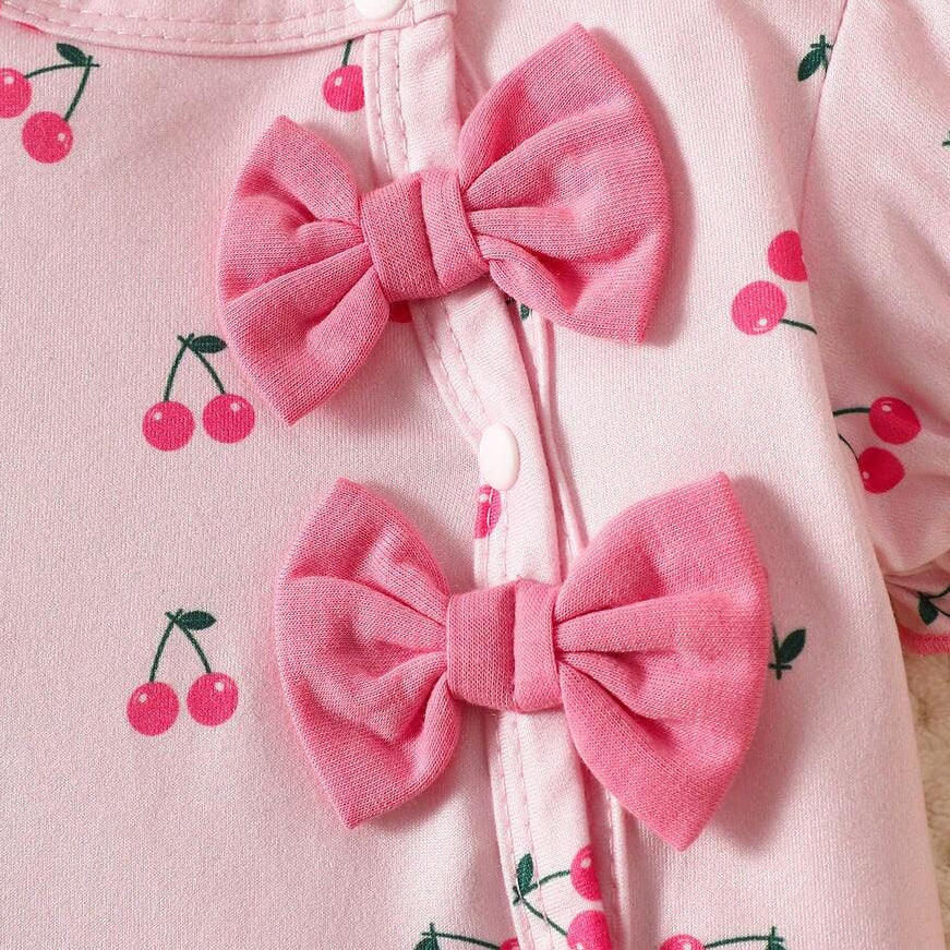 2PCS Sweet Cherry Print Bow Puff Sleeve Baby Jumpsuit