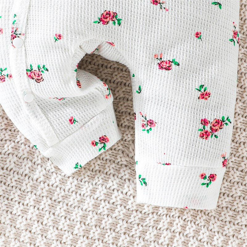 2PCS Baby Girl Ditsy Floral Print Waffle Long Sleeve Jumpsuit