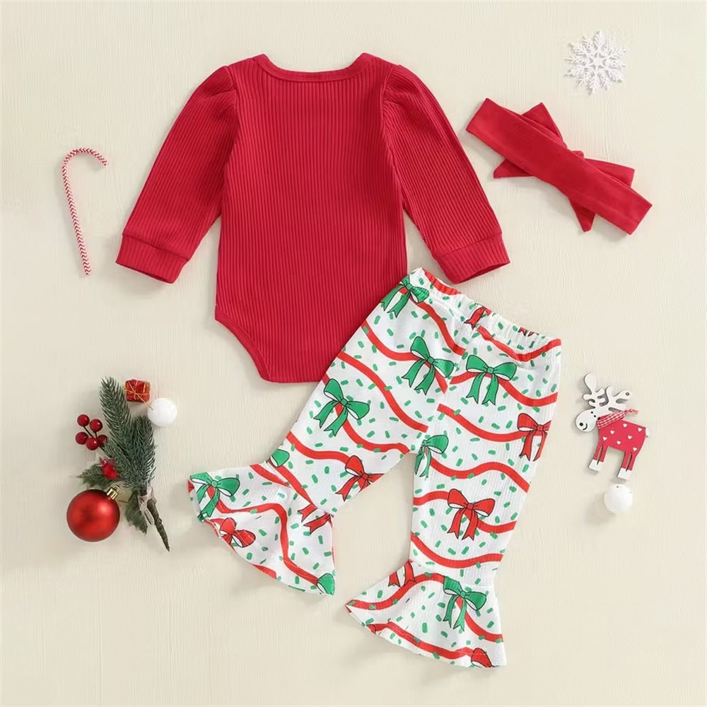 3PCS Christmas Tree and Bow Print Long Sleeve Baby Set