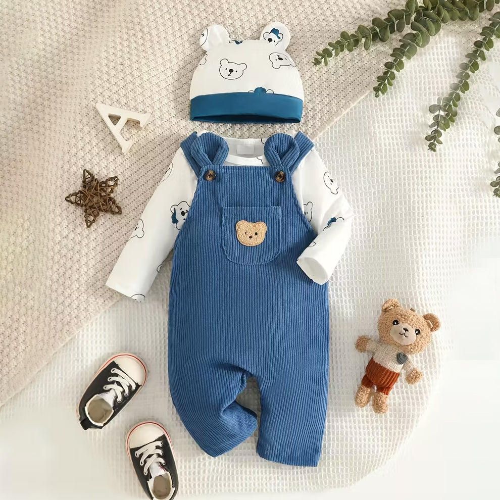 3PCS Bear Print Long Sleeve Baby Overalls Set