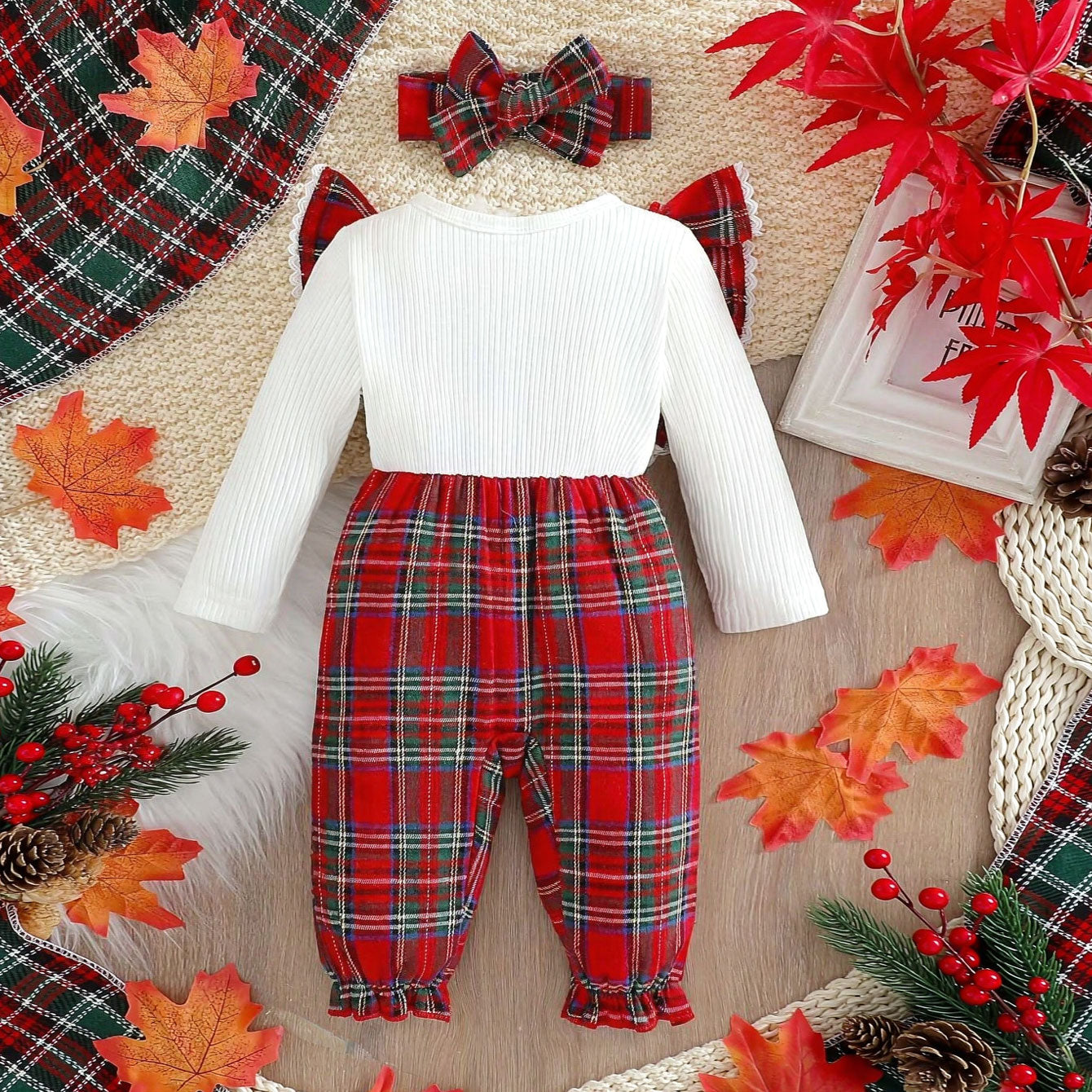2PCS Christmas Faux-Layered Plaid Printed Long Sleeve Baby Jumpsuit