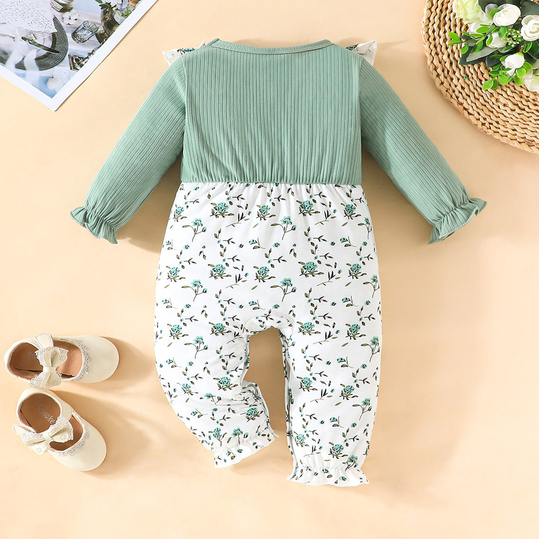 Casual Floral Printed Bow Decoration Long Sleeve Baby Jumpsuit