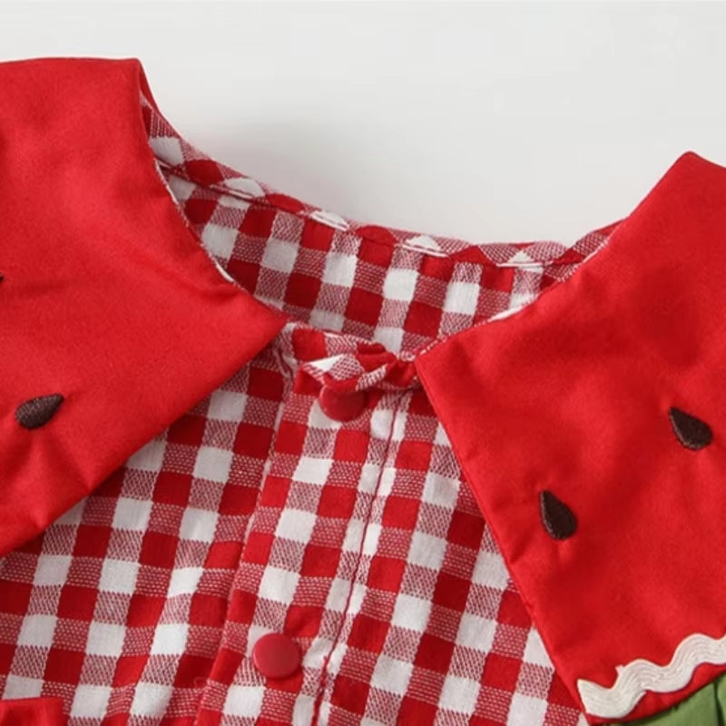 Cute 3D Watermelon Slice Collar Plaid Print Sleeveless Baby Romper