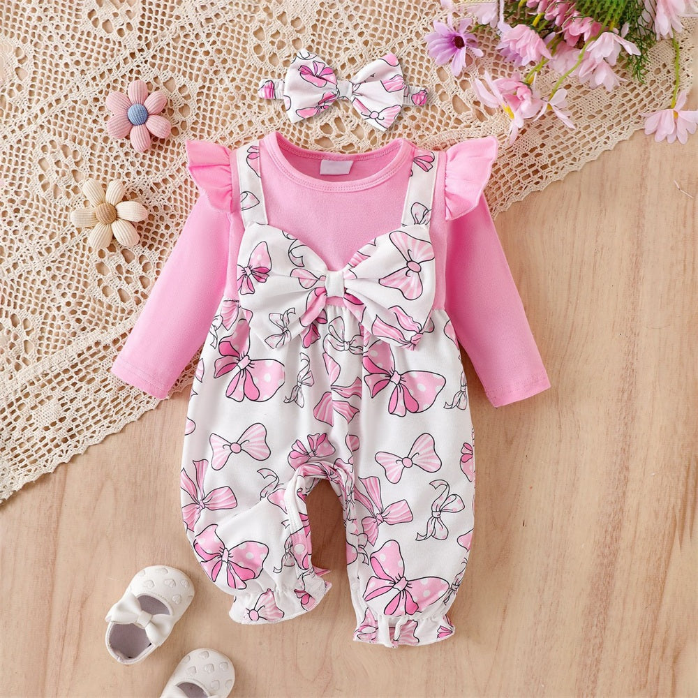 2PCS Playful Bow Printed Long Sleeve Baby Girl Jumpsuit
