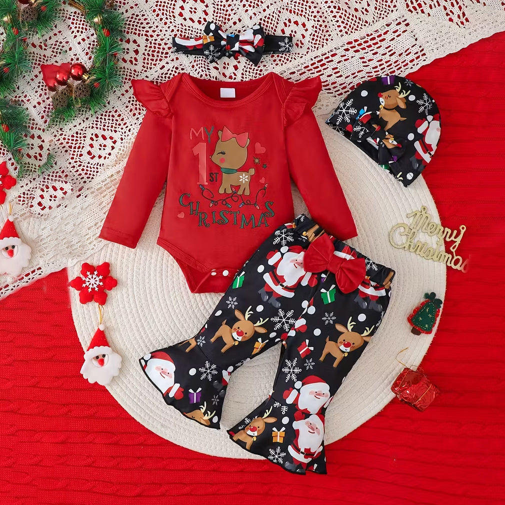 4PCS My 1st Christmas Letter Elk Santa Claus Printed Baby Set