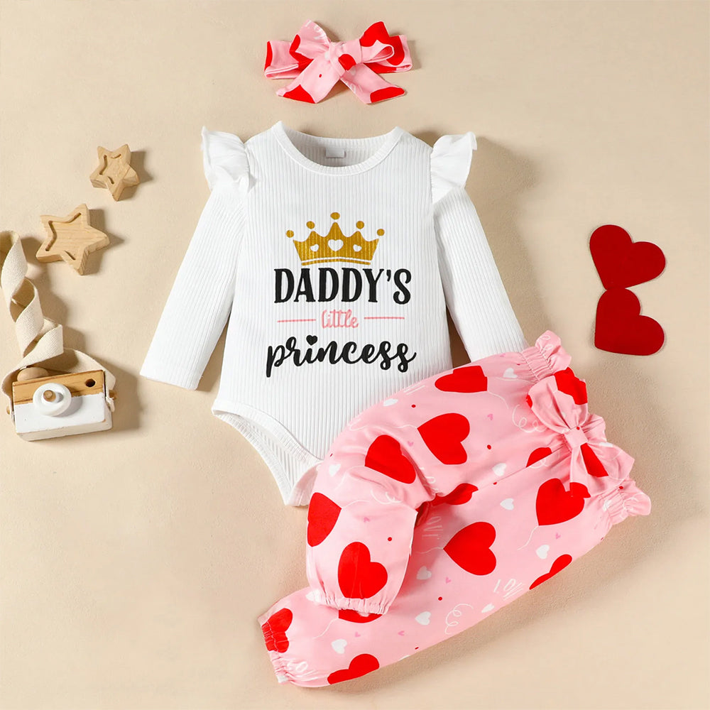 3PCS Daddy's Little Princess Letter Heart Printed Baby Set
