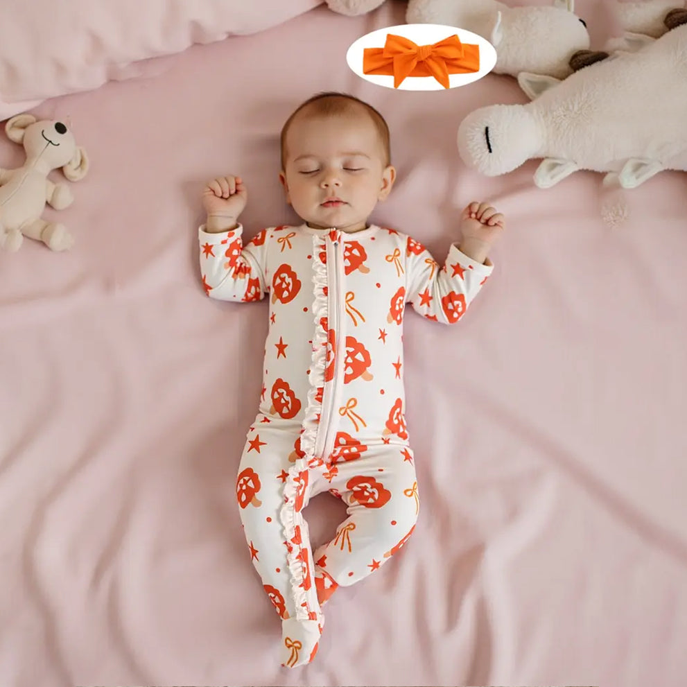 2PCS Pumpkin Print Ruffle Zipper Long Sleeve Baby Jumpsuit