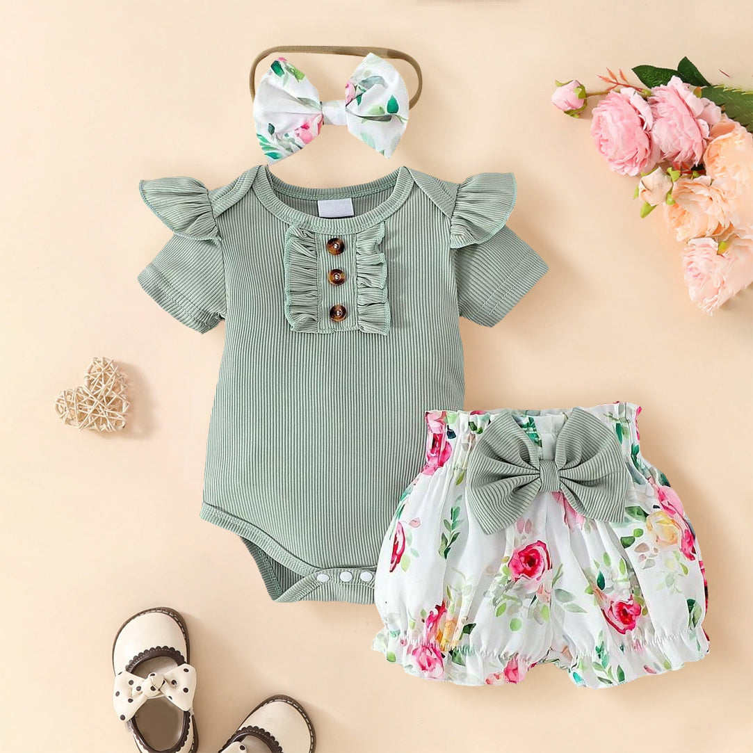 3PCS Trendy Floral Printed Short Sleeve Baby Set