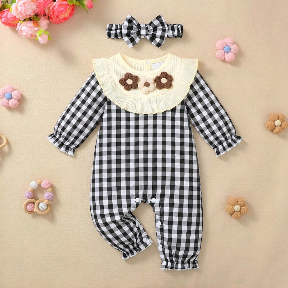 2PCS Chic Floral Applique Plaid Print Long Sleeve Baby Girl Jumpsuit