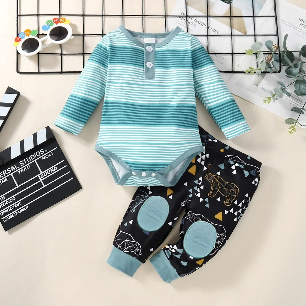 2PCS Bear Stripe Printed Long Sleeve Baby Boy Set