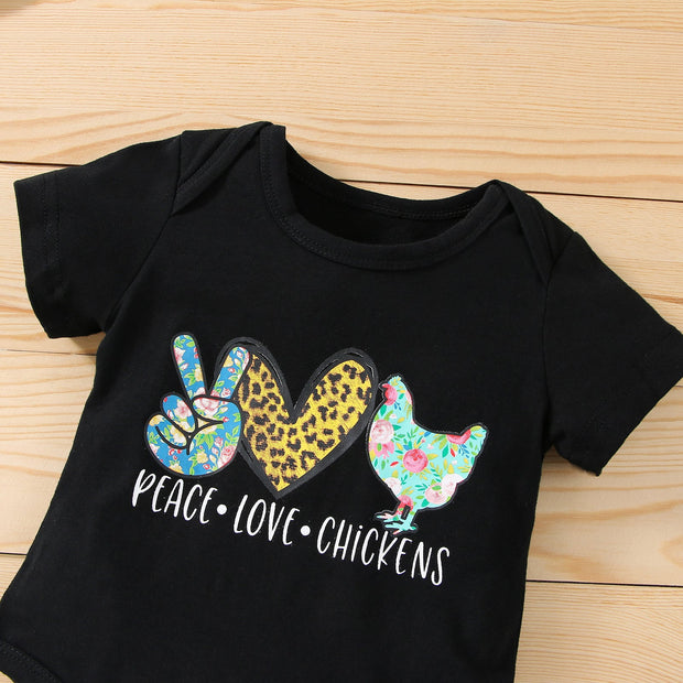 3PCS Peace Love Chicken Printed Funny Baby Set
