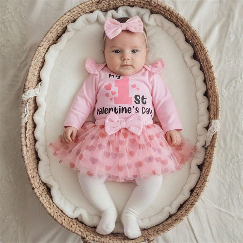 3PCS My 1st Valentine's Day Letter Heart Print Baby Set