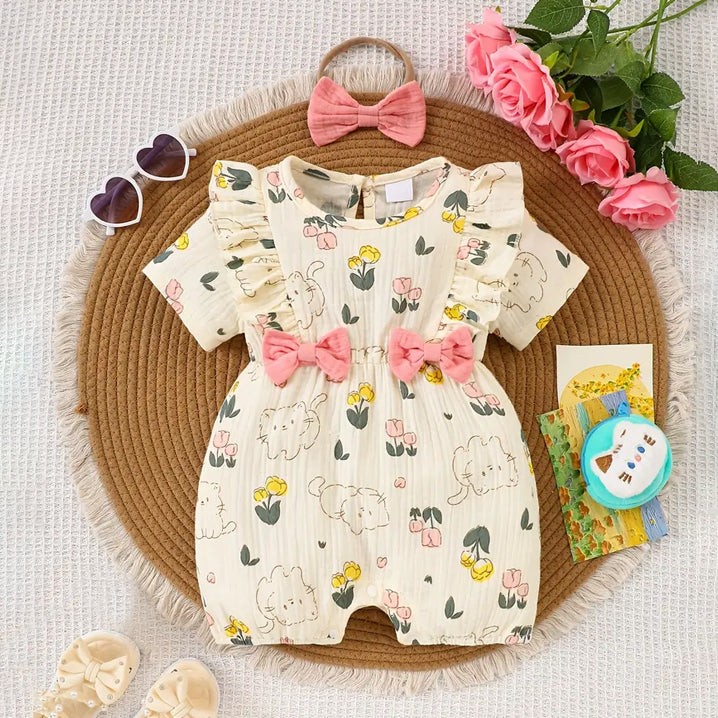 2PCS Lovely Cat Floral Print Short Sleeve Baby Girl Jumpsuit