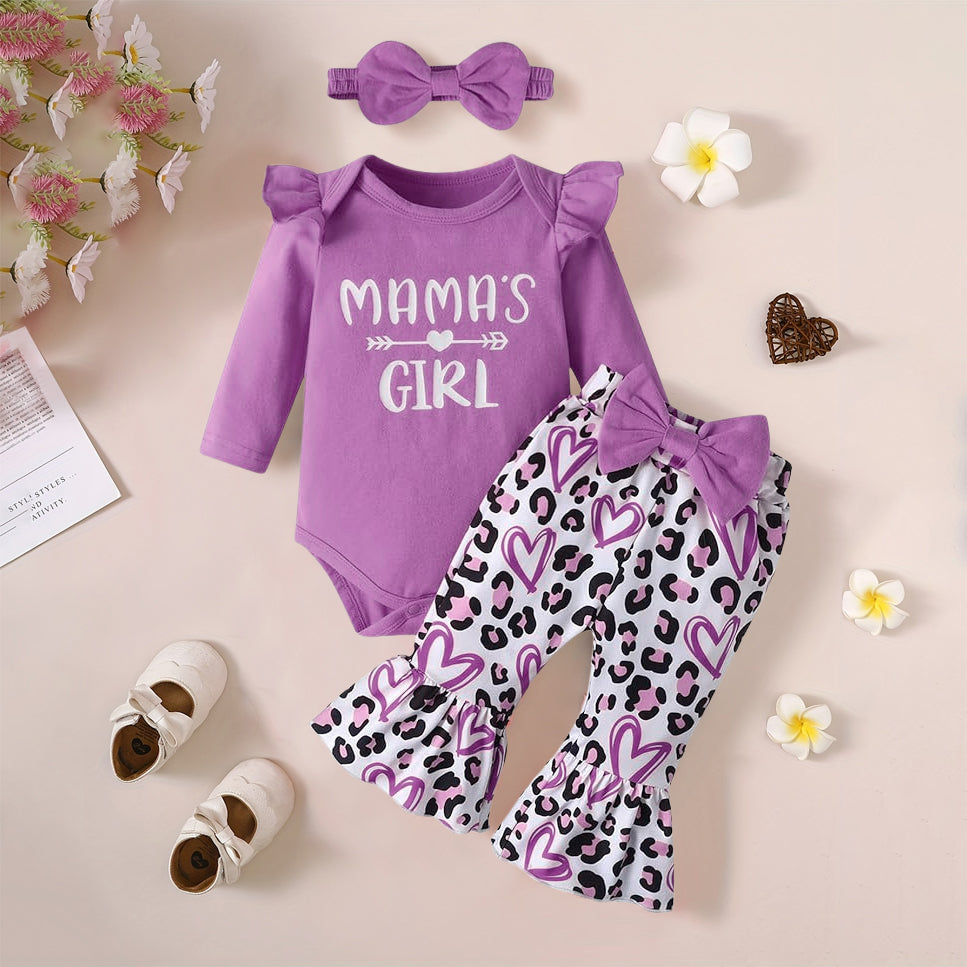 3PCS Mama's Girl Letter Leopard Print Long Sleeve Baby Set