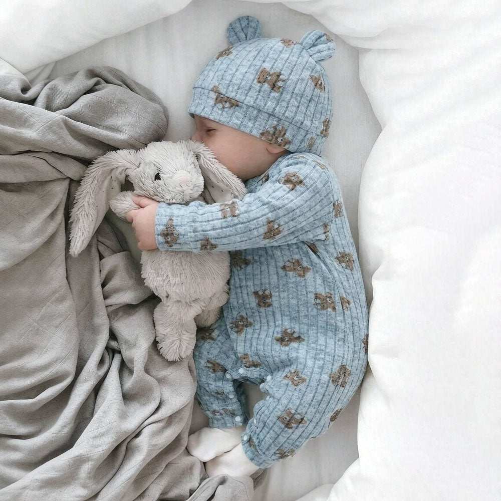 2PCS Casual Bear Printed Long Sleeve Baby Jumpsuit