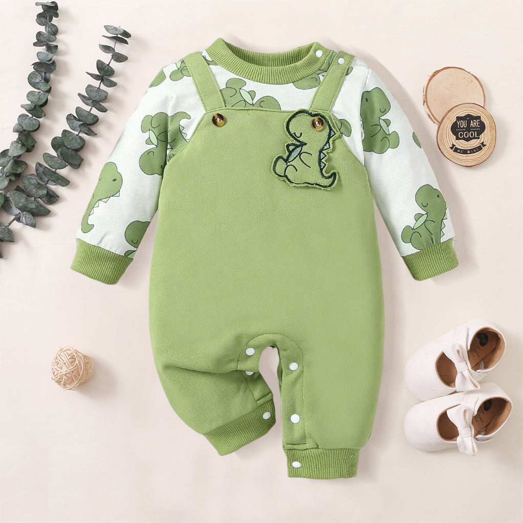 Adorable Dinosaur Printed Fake Two Pieces Long Sleeve Baby Jumpsuit