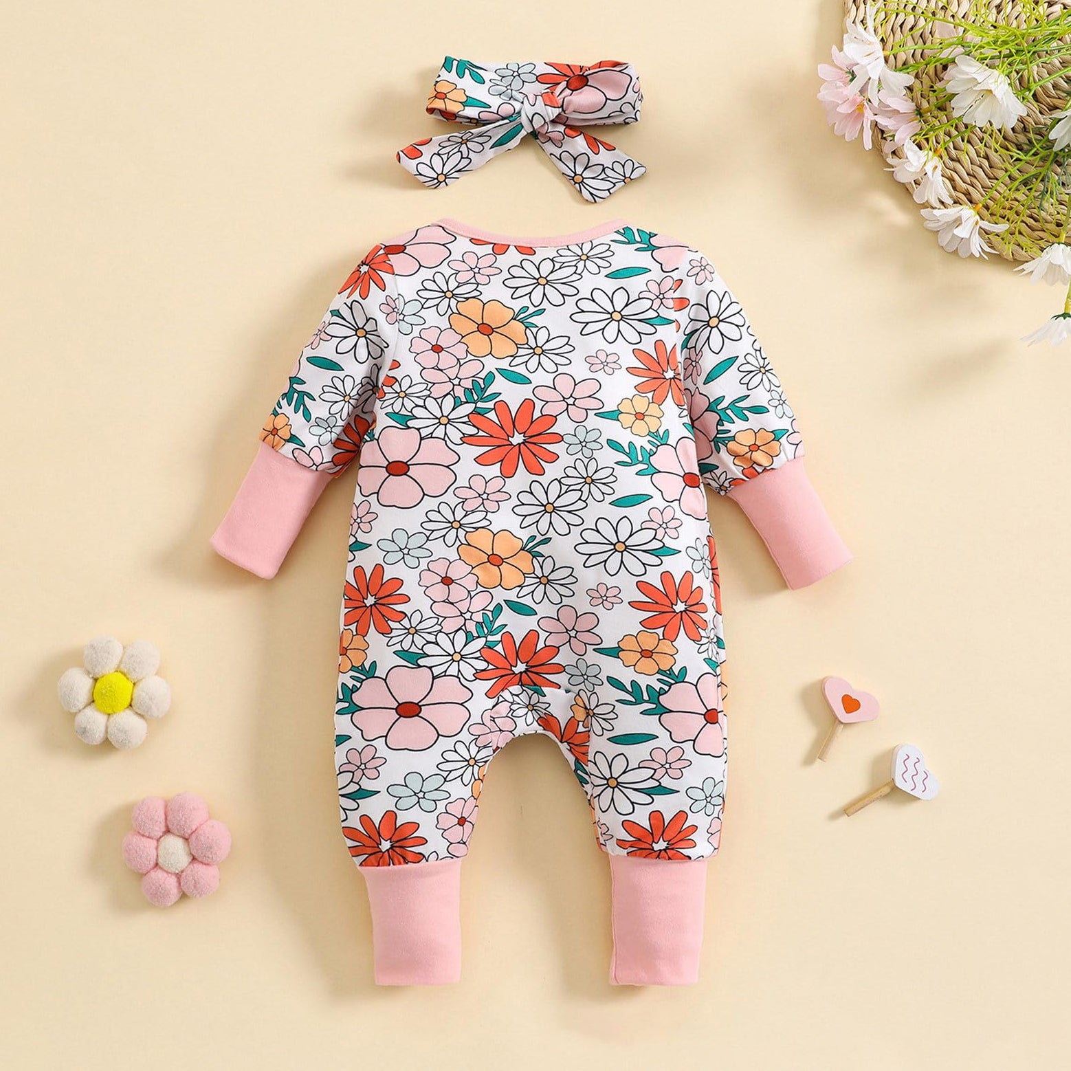 2PCS Floral Printed Long Sleeve Zipper Baby Jumpsuit