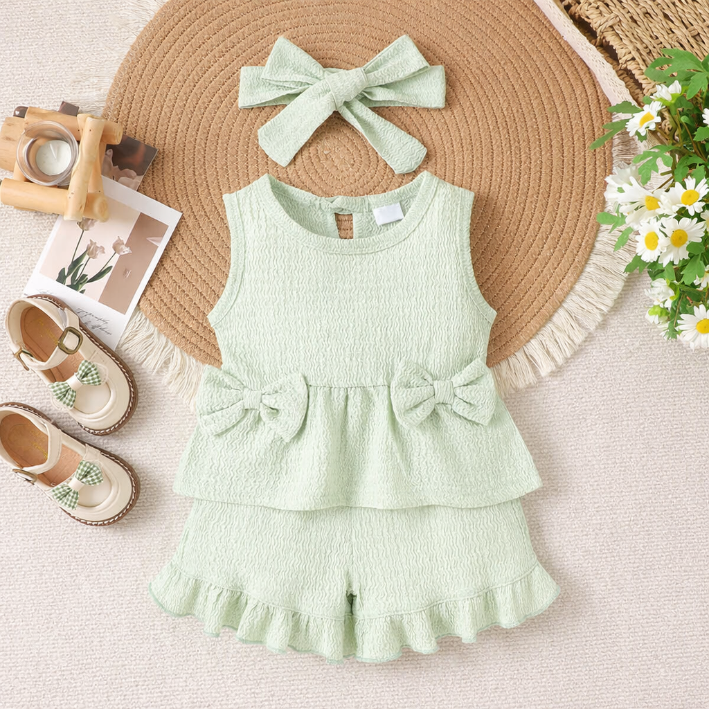 3PCS Chic Solid Color Bow Sleeveless Baby Set