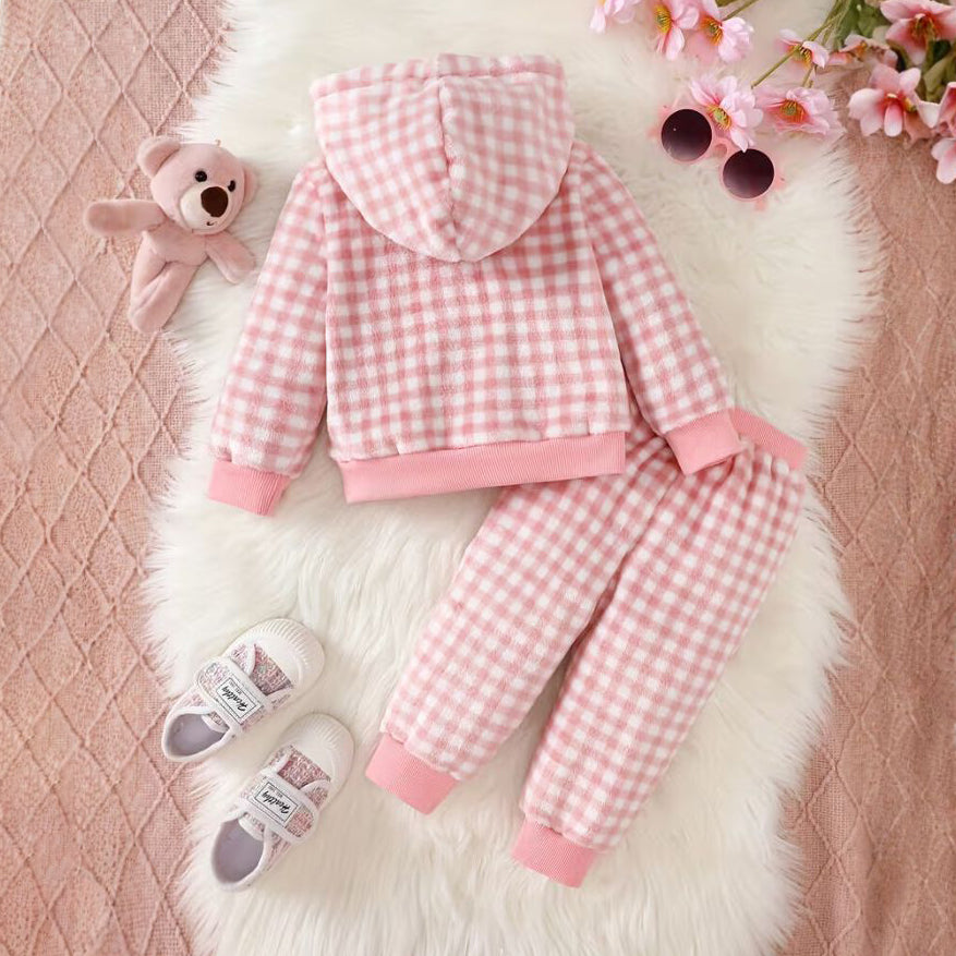 2PCS Fuzzy Plaid Printed Hooded Long Sleeve Baby Set
