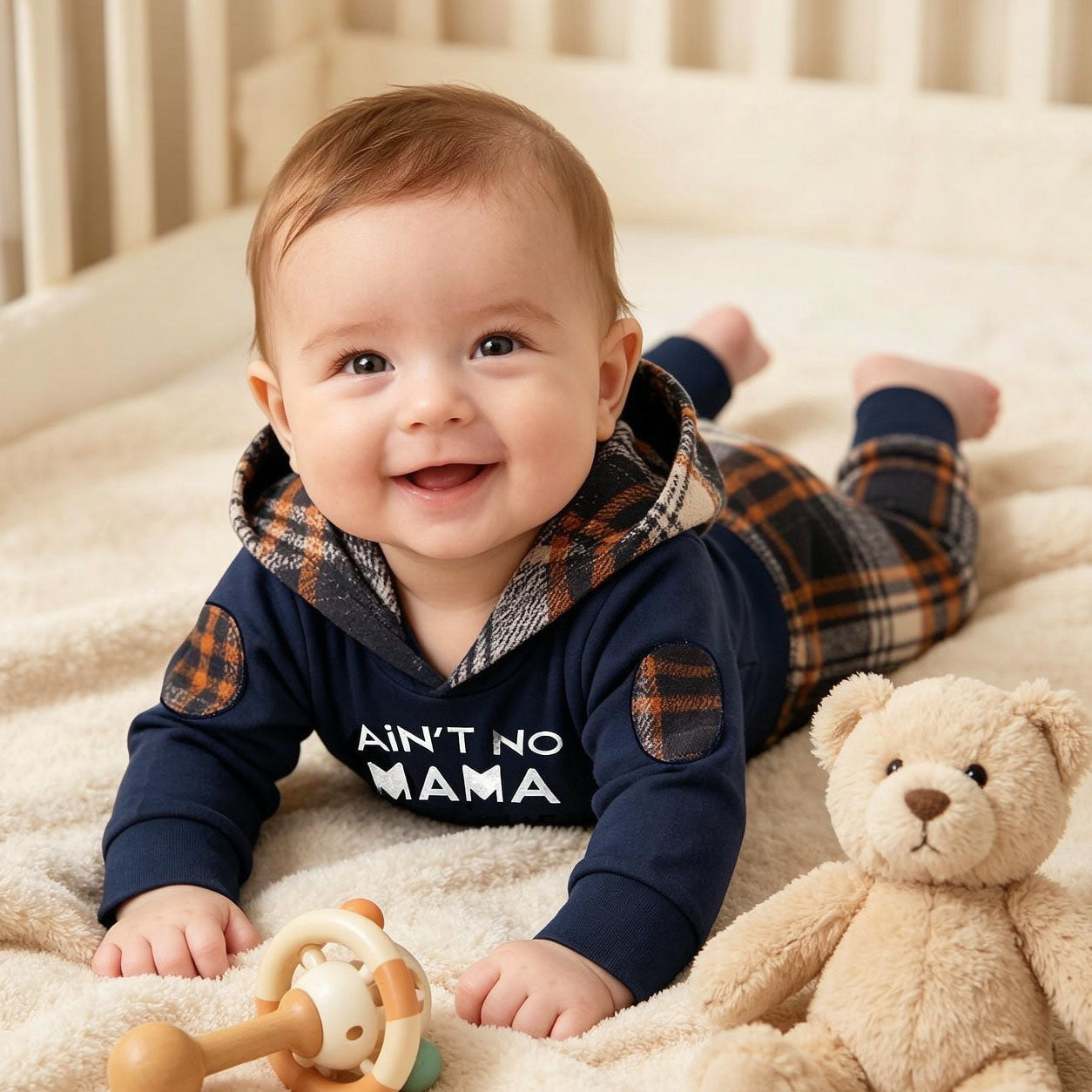 2PCS Cozy Ain't No Mama Letter Plaid Print Hoodie Long Sleeve Baby Set