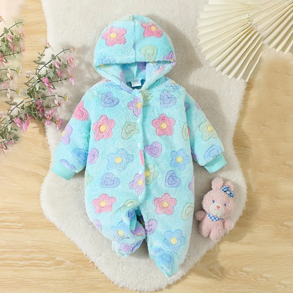 Colorful Flower Printed Warm Fuzzy Long Sleeve Hooded Jumpsuit