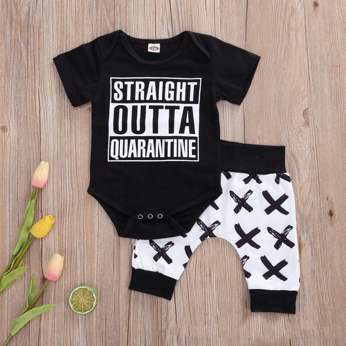 2PCS STRAIGHT OUTTA QUARANTINE Letter Printed Baby Boy Set