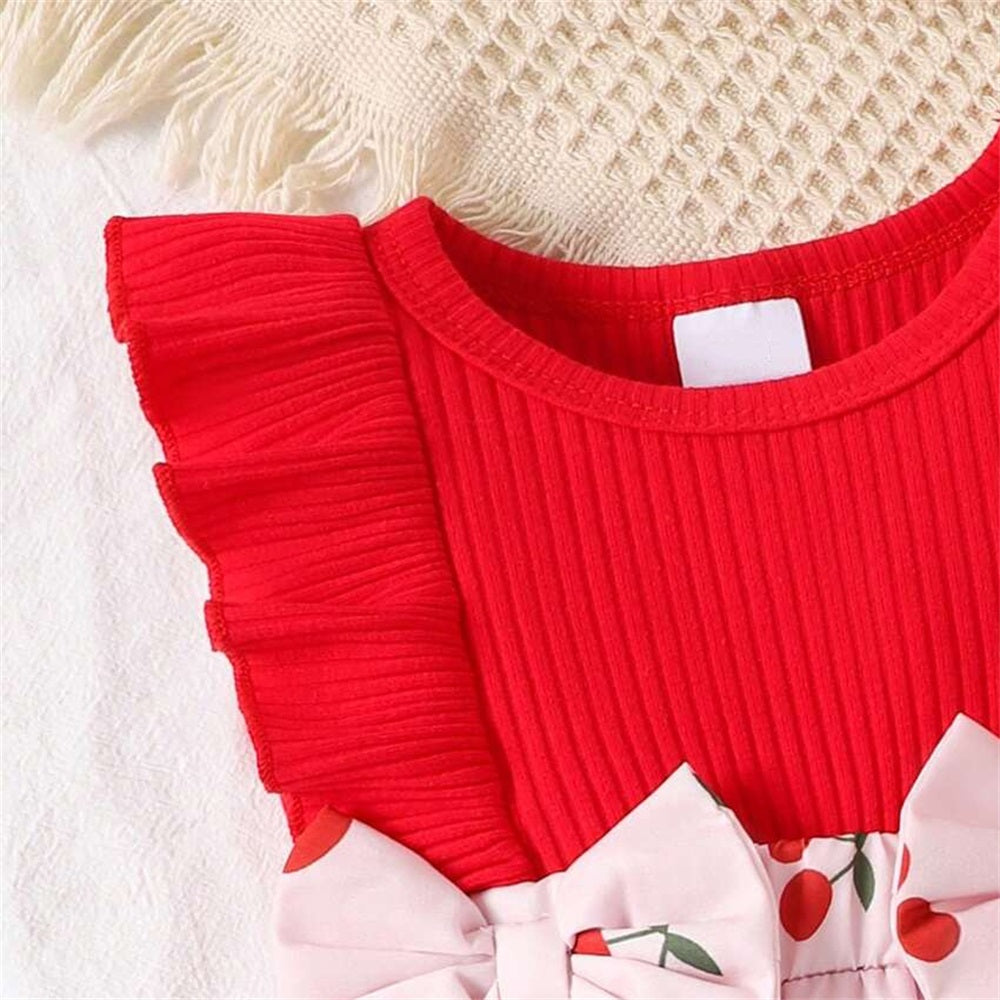 2PCS Cute Cherry Printed Ruffled Sleeveless Baby Romper
