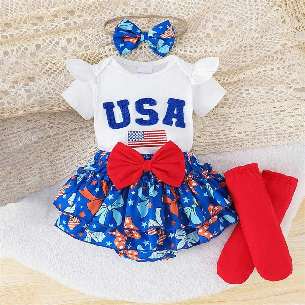 4PCS USA Letter Embroidery Bow Printed Short Sleeve Baby Set