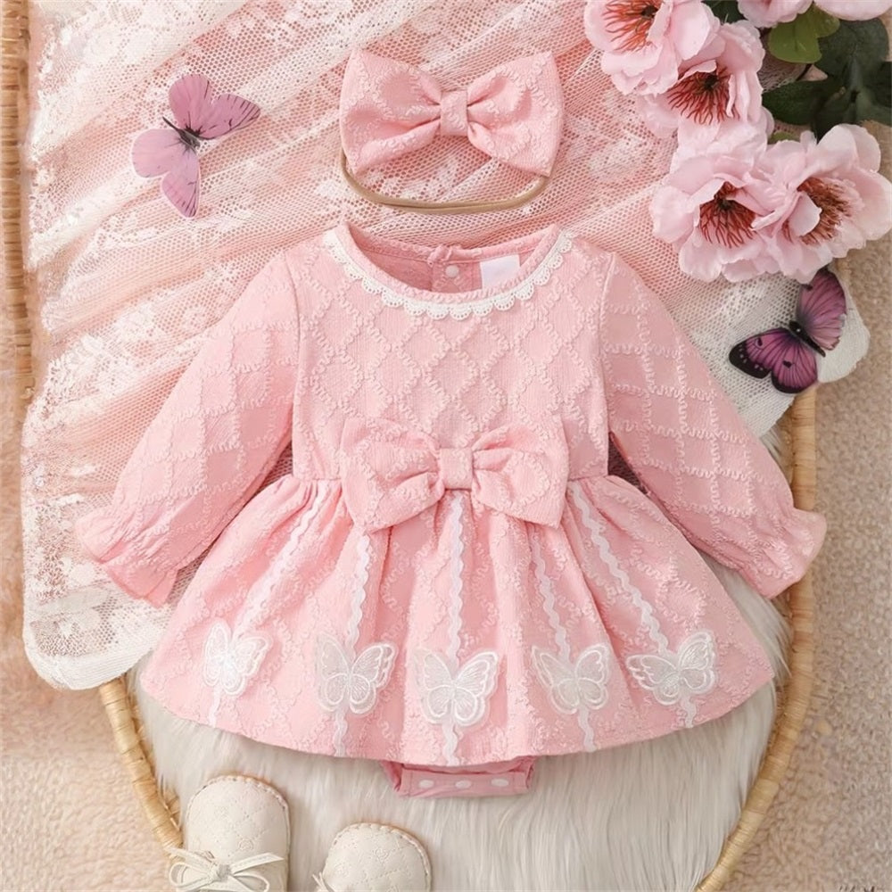 2PCS Sweet Argyle Long Sleeve Bow Baby Romper