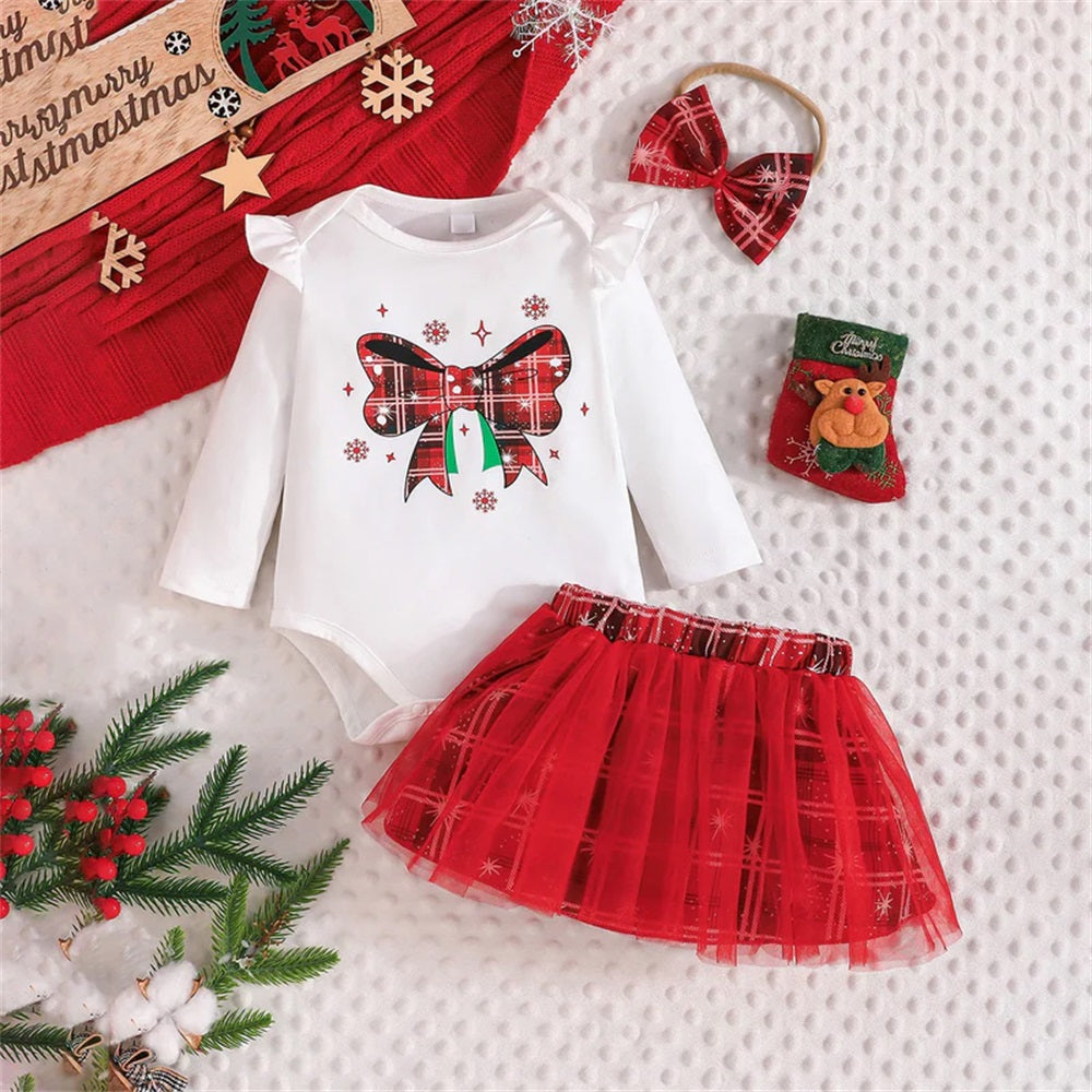 3PCS Bow Print Long Sleeve Plaid Tulle Skirt Baby Set