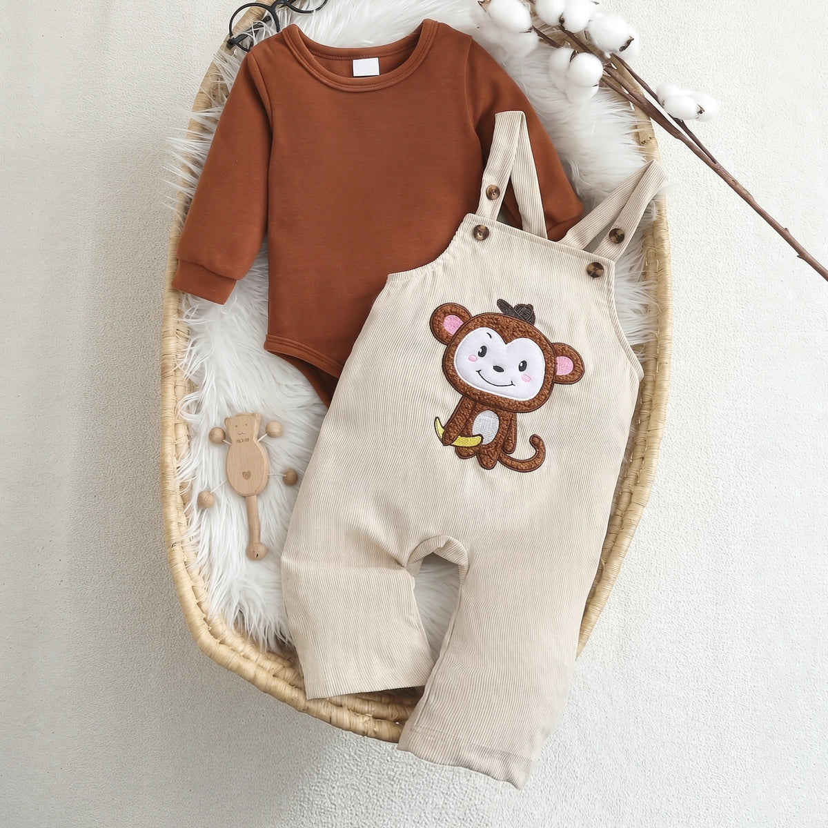 2PCS Lovely Monkey Applique Long Sleeve Baby Overalls Set